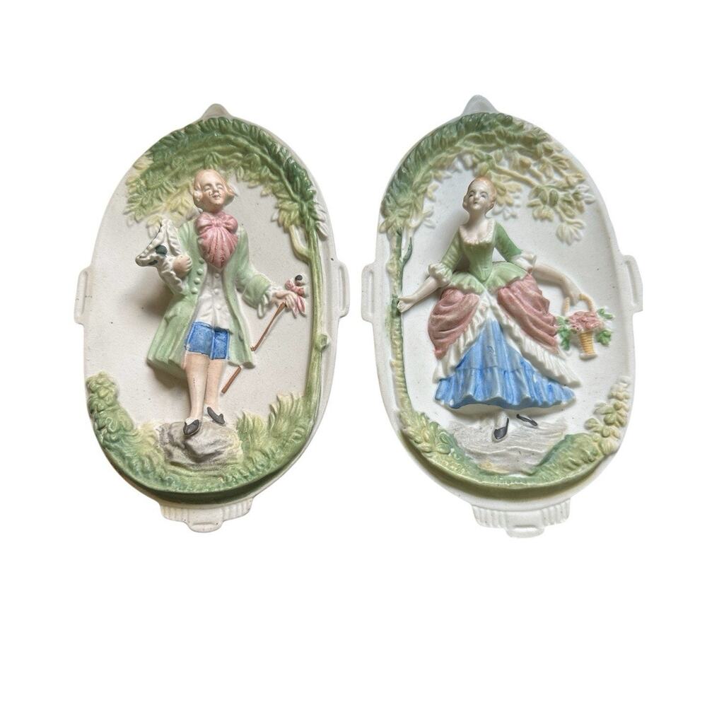 Vintage Chase Victorian Bisque Figural Wall Plaques Hand Painted Occupied Japan